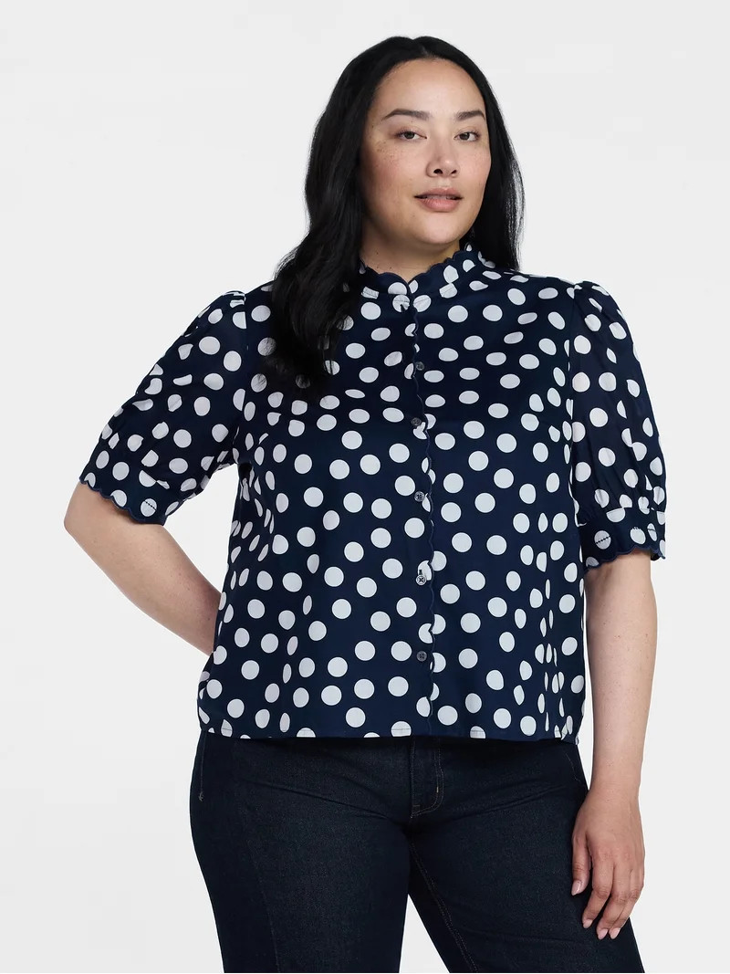 Time and Tru Women's Scallop Trim Cotton Button Down Shirt with Short Sleeves, Sizes XS – XXXL | Walmart (US)