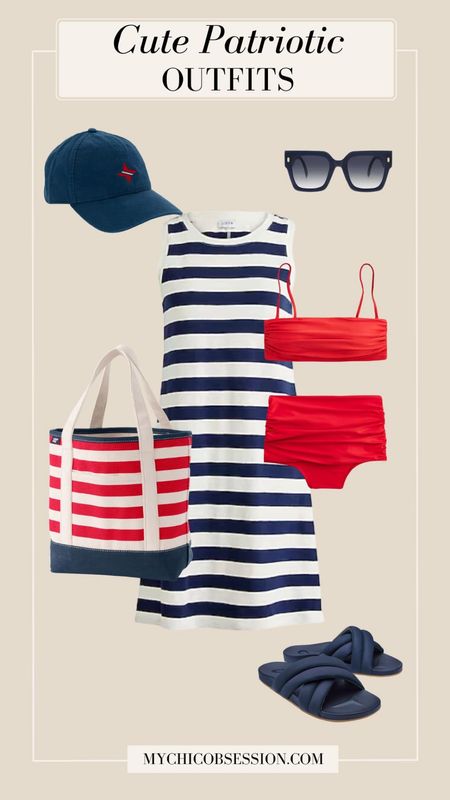 Try this red, white and blue look. Pair a red bikini with a striped mini dress, a navy blue baseball cap, a striped tote, and sunglasses.

#LTKSeasonal #LTKStyleTip