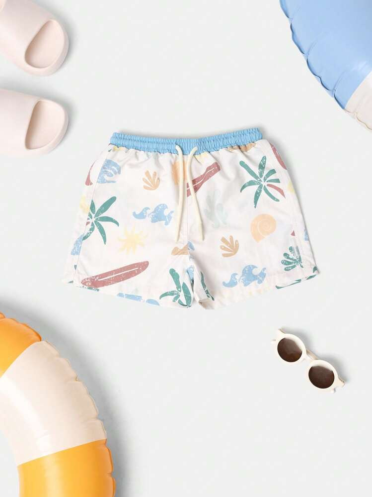 SUMWON Retro Summer Beach Print Swimming Trunks Kids Pool Shorts Hawaii Inspired Palm Tree Surfbo... | SHEIN