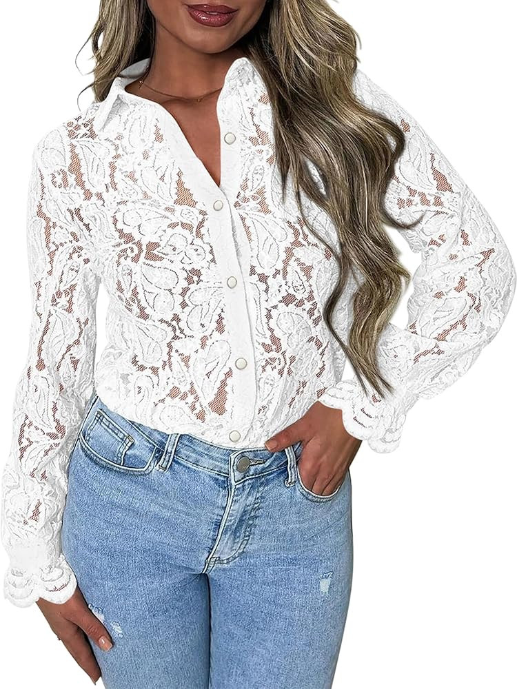 BTFBM Long Sleeve Lace Blouses for Women Dressy Casual Button Down Shirts Date Night Outfit Club ... | Amazon (US)