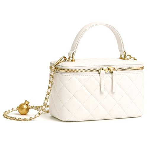 Mini Quilted Crossbody Purse for Women Small Leather Square Box Designer Top Handle Bag Luxury Evening Shoulder Handbag with Chain Strap (Beige) | Amazon (US)