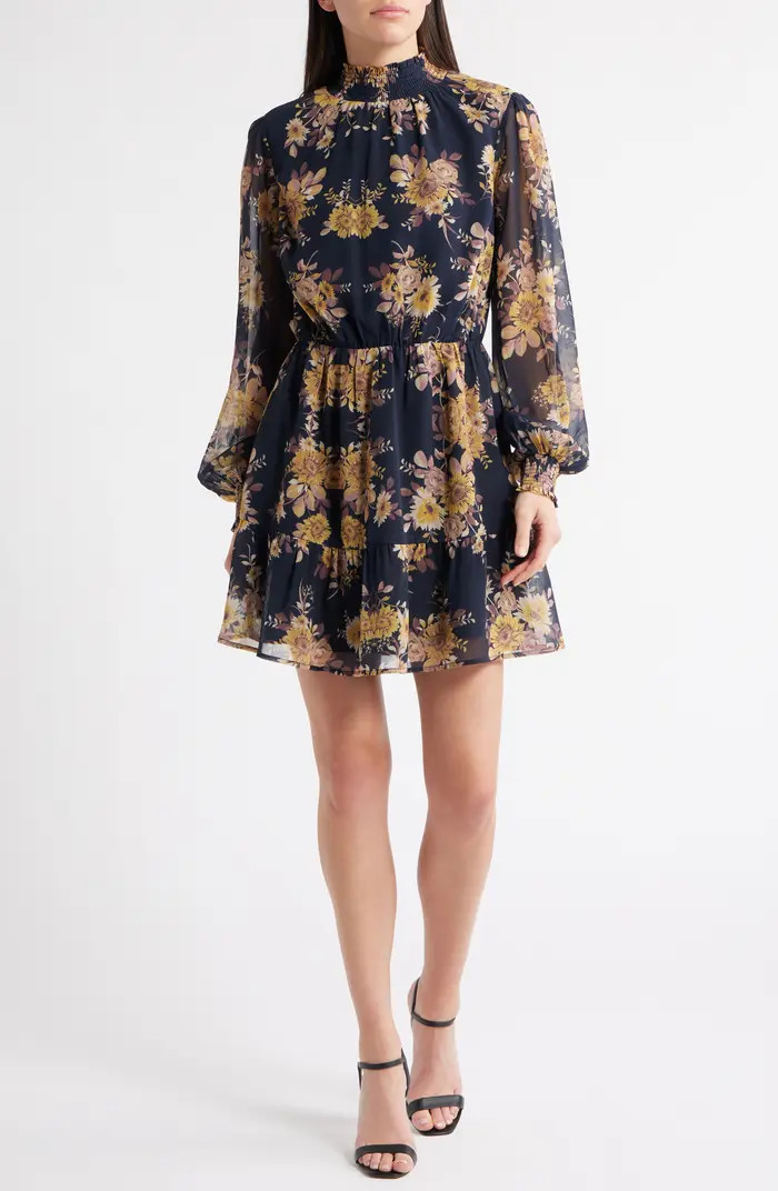 Water Lily Floral Mock Neck Long Sleeve Dress | Nordstrom