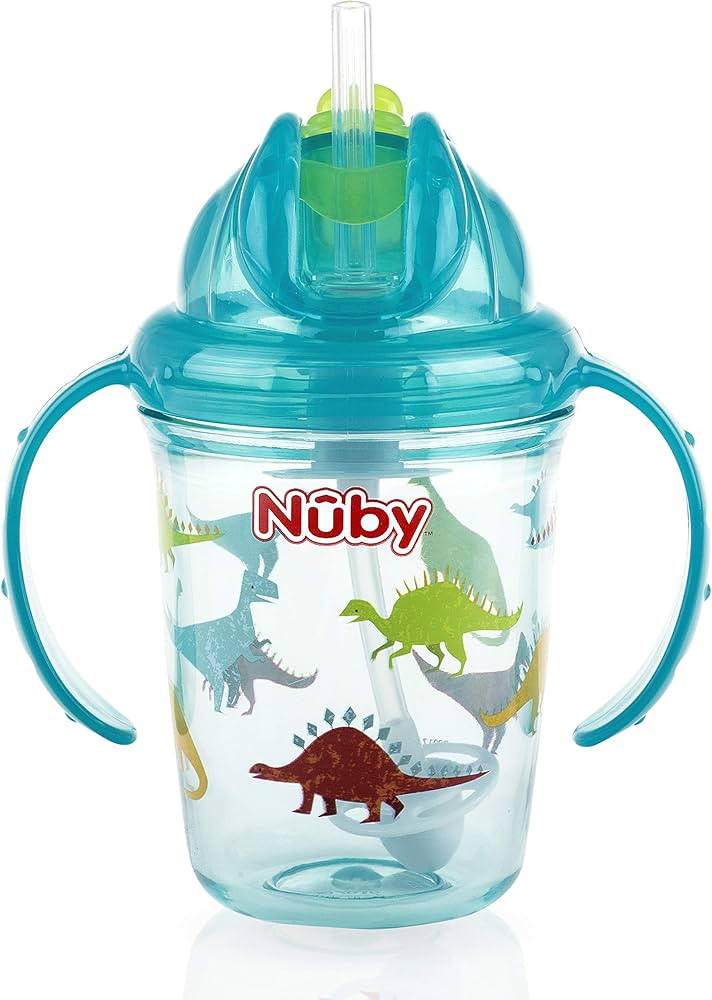 Nuby Tritan No Spill Flip N' Sip Twin Handle Printed Cup with 360 Weighted Straw (Aqua, Jurassic ... | Amazon (US)