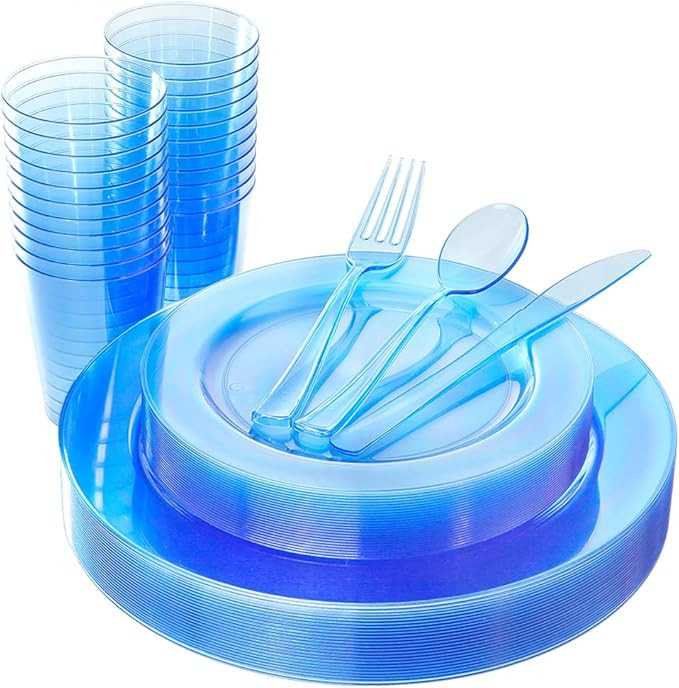 WDF 25 Guest Blue Plates with Disposable Plastic Silverware&Blue Cups-Neon Clear Plastic Dinnerwa... | Amazon (US)