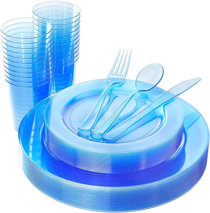 WDF 25 Guest Blue Plates with Disposable Plastic Silverware&Blue Cups-Neon Clear Plastic Dinnerwa... | Amazon (US)