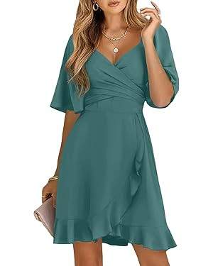 Dokotoo Women's Wrap V Neck Short Flared Sleeve Wedding Guest Dress Smocked Elastic Waist Tiered ... | Amazon (US)
