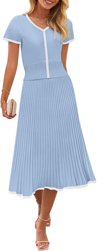 MEROKEETY Women's Two Piece Skirt Sets Dressy Casual Knit Short Sleeve V Neck Tops and Pleated Mi... | Amazon (US)