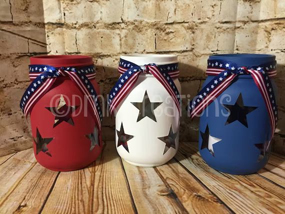 Set Of Patriotic  Painted Mason Jar Tea Light Candle Holders | Etsy | Etsy (US)