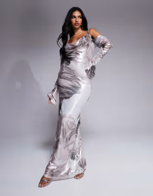 ASOS DESIGN shimmer plunge cowl neck maxi dress with tie detail and long sleeves in neutral flora... | ASOS (Global)