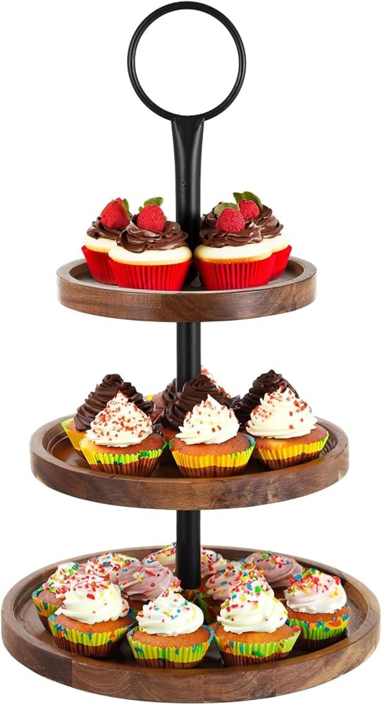 3-Tier Cupcake Stand, Rustic Farmhouse Wooden Serving Trays with Metal Handle, Large Capacity 8/1... | Amazon (US)