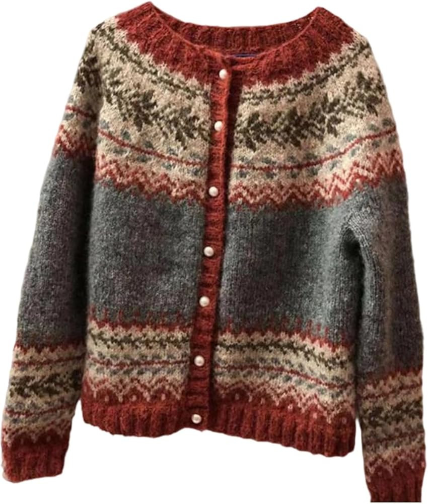 Women's Classic Fair Isle Open Front Knit Cardigan Sweater Winter Casual Loose Fit Button Down Lo... | Amazon (US)