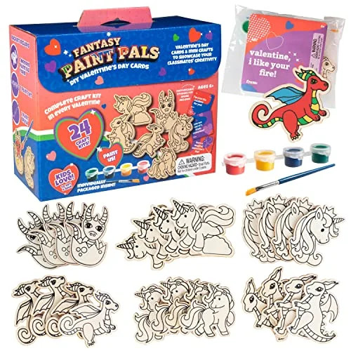 Kids Valentine's Day Cards - Unicorn and Dragon Wood Painting Kits (24ct)- Each Valentines Card I... | Walmart (US)