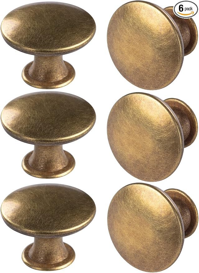 6 Pack Brass Round Antique Brass Kitchen Cabinet Knobs Cupboard Door Knobs Drawer Handle Pulls Dr... | Amazon (US)