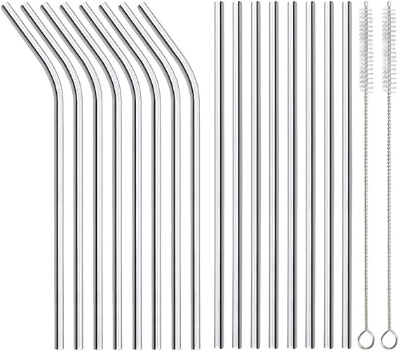 16 Pack of Reusable Stainless Steel Metal Straws, 8 Straight + 8 Bent 8.5 inch Metal Straws with ... | Amazon (US)