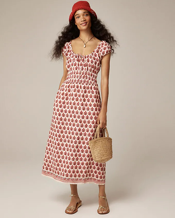 Cap-sleeve midi dress in block print linen | J. Crew US