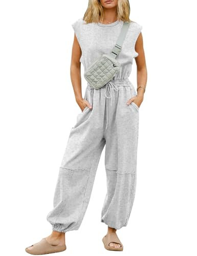 Kissonic Jumpsuits for Women Casual Crewneck Cap Sleeve Drawstring Romper One Piece Outfits with Pockets(LightGrey-XL) | Amazon (US)