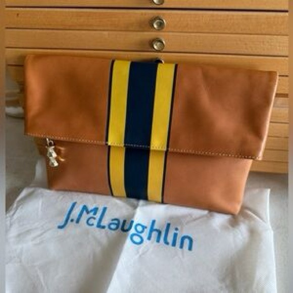 J.McLaughlin English Tan Clutch Blue Yellow Rugby Preppy Stripes Sienna Bag NEW | Poshmark
