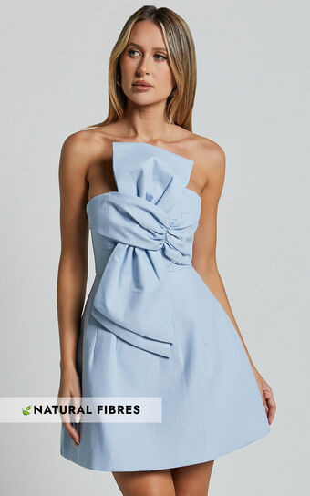 Chika Mini Dress - Linen Look Strapless Front Bow Dress in Pale Blue | Showpo (US, UK & Europe)