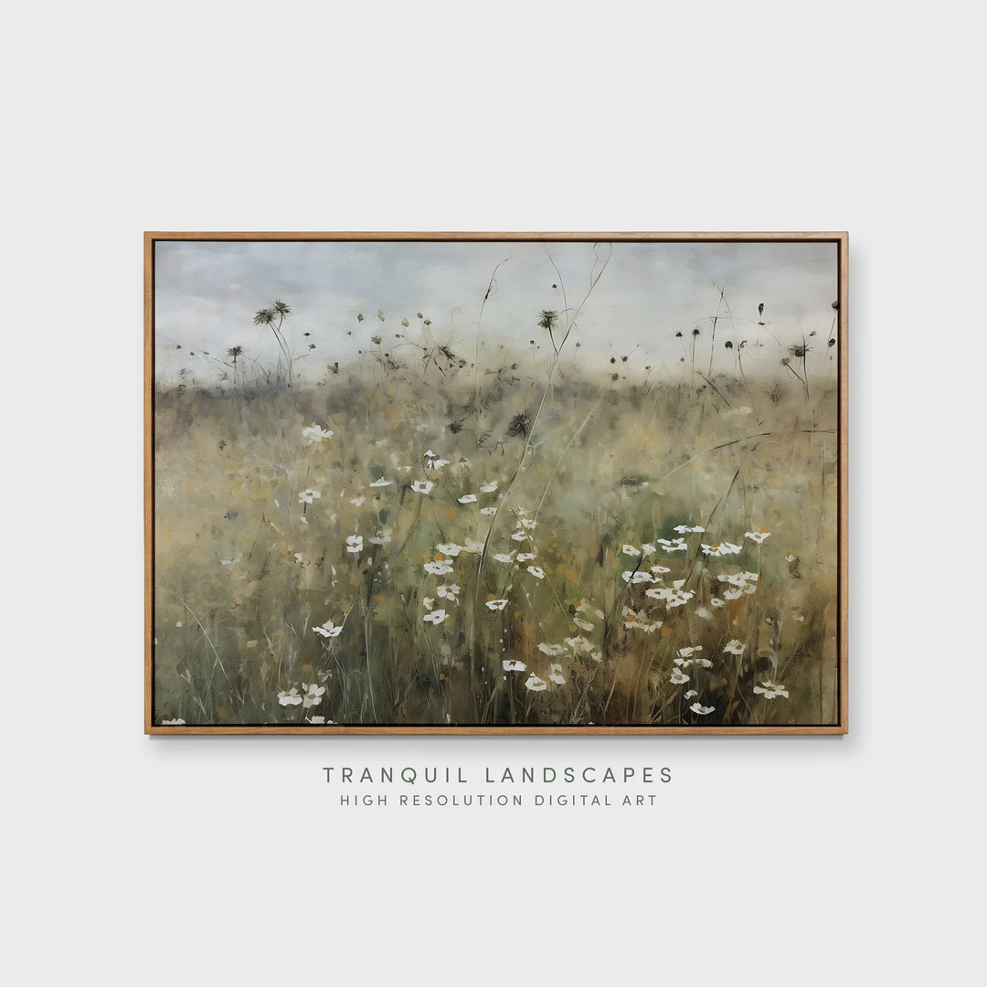 Muted Summer Scenic Wild Flower Meadow Vintage Painting Soft Tones Field Landscape Wall Art Decor... | Etsy (US)