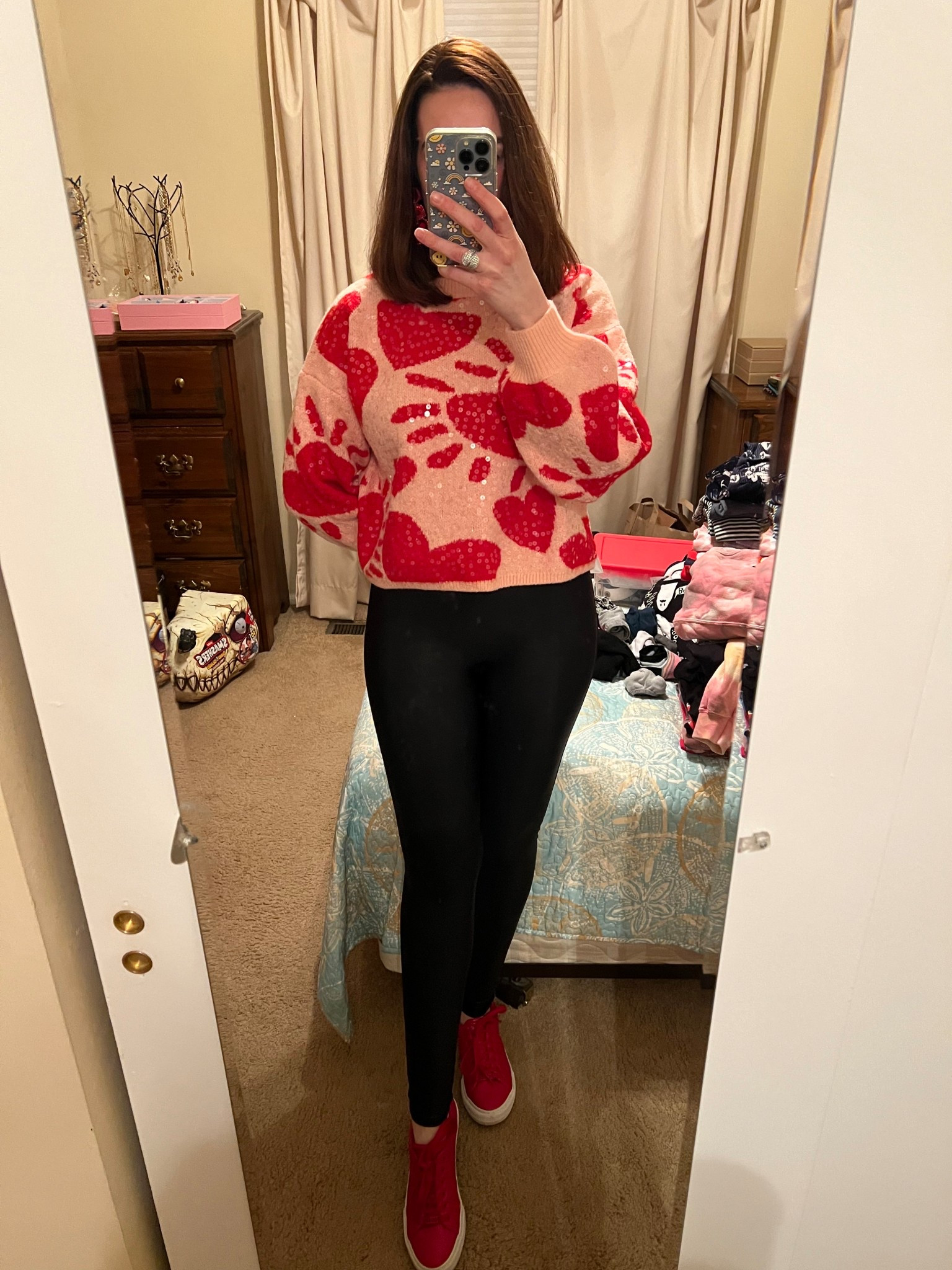 Heart sequin sweater (xs). Black faux leather leggings (s). Red sneakers (8.5). #sweater #heartsweater #sequinsweater #leggings #fauxleatherleggings #blackleggings #sneakers #redsneakers 
valentines day outfit women 
date night outfits 
valentines outfit women @tjmaxx @Spanx @Macys @Guess 

#LTKootd #LTKSeasonal