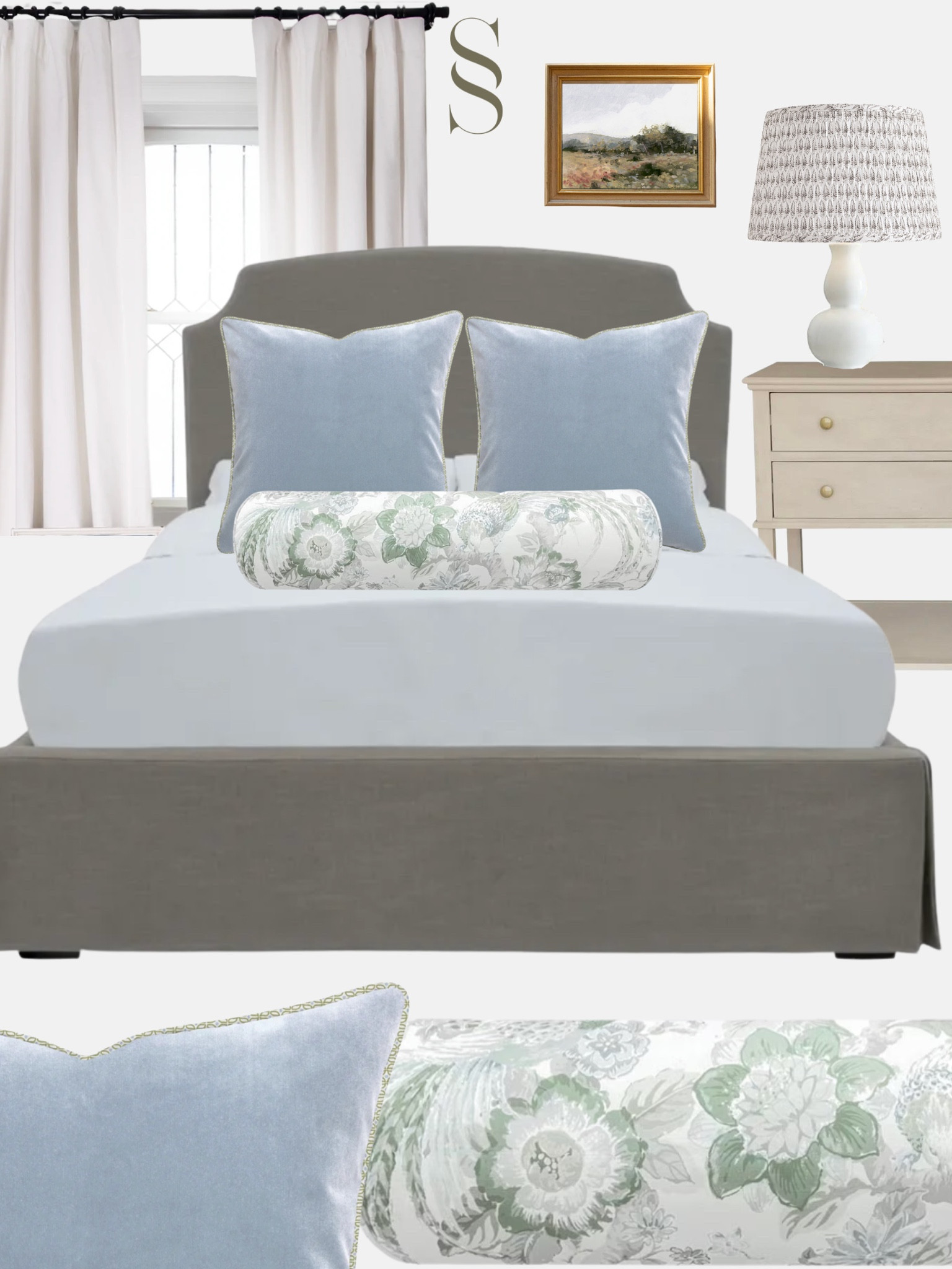 Master bedroom design! Blue green and slate gray. Creamy white drape curtains and a pleated lamp shade with block print 

#LTKFind #LTKU #LTKhome