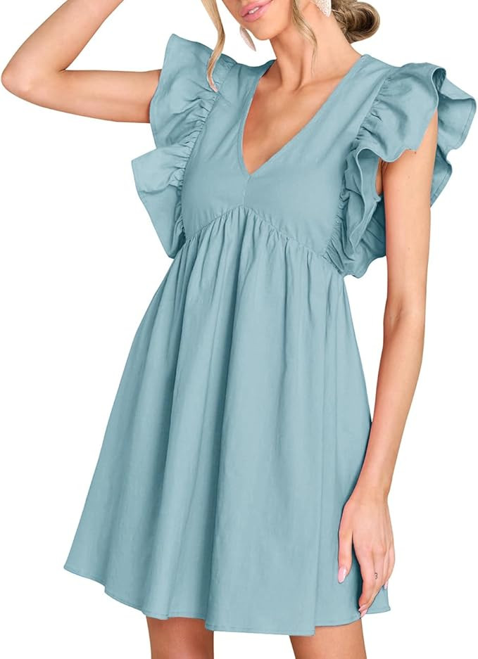 FANCYINN Women's Summer Casual Babydoll Mini Dress Ruffle Sleeveless Deep V Neck Pleated Swing Fl... | Amazon (US)