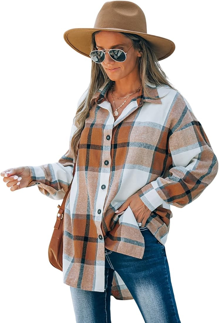 CUPSHE Women Long Sleeve Plaid Button Down Tops Casual V Neck Oversized Shirt Blouse | Amazon (US)