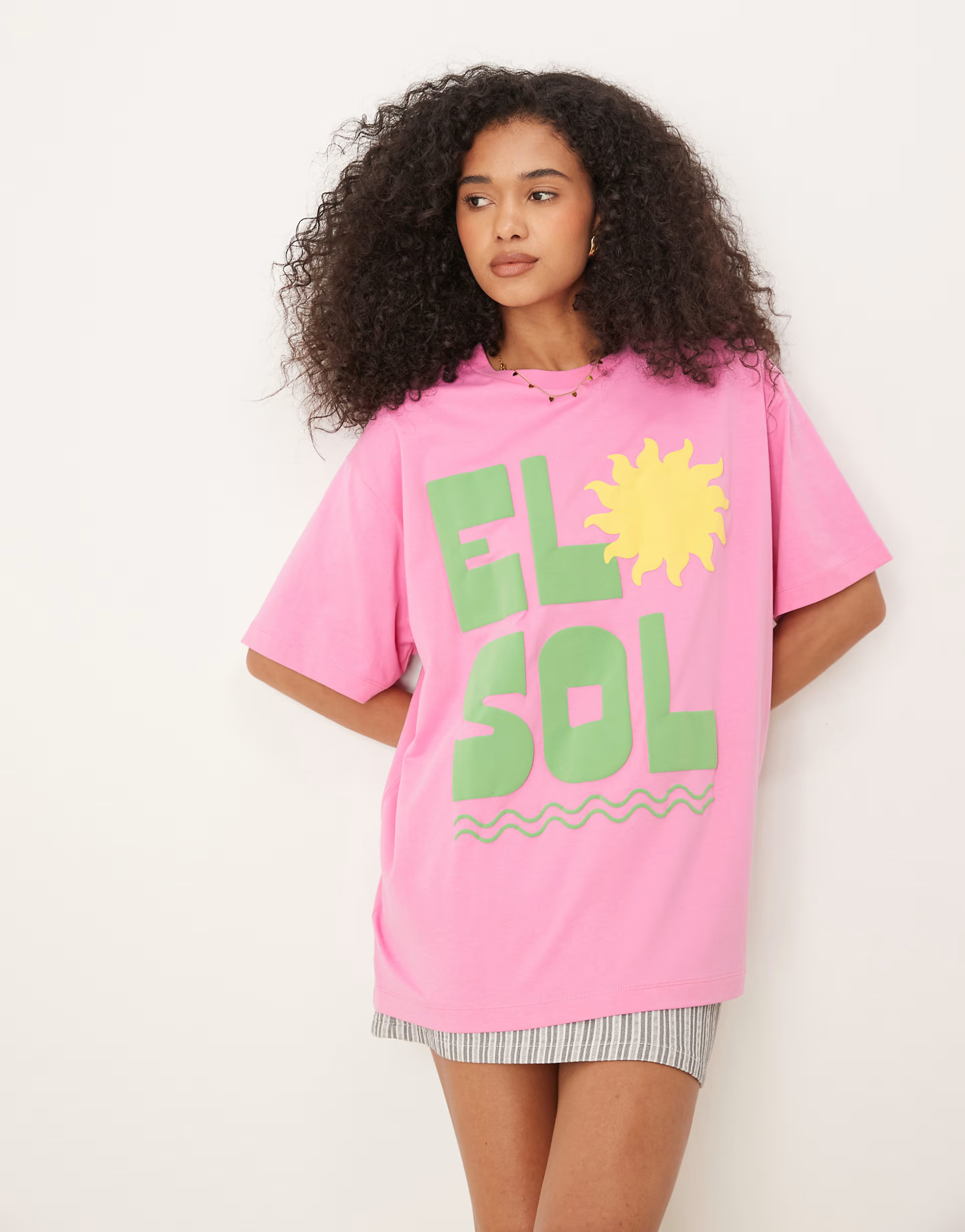 ASOS DESIGN oversized T-shirt with el sol sun puff print in pink | ASOS (Global)