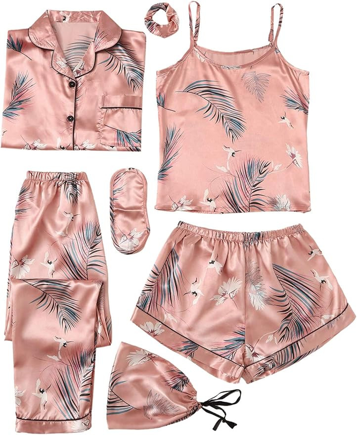 SheIn Women's 7pcs Pajama Set Cami Pjs with Shirt and Eye Mask | Amazon (US)