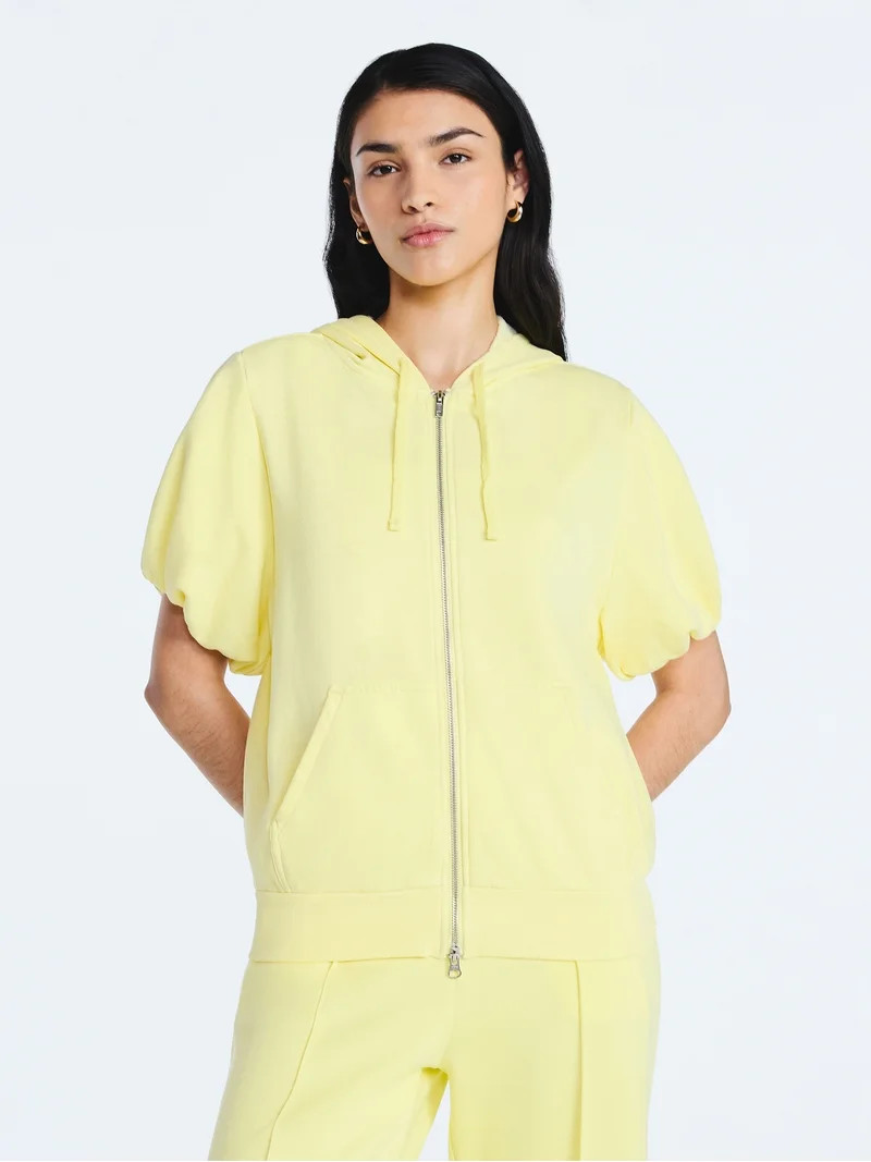 Scoop Women’s Mineral Washed Zip Hoodie with Short Puff Sleeves, Sizes XS-XXL | Walmart (US)