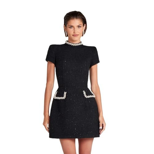 ANKOMINA Women's Beaded Tweed A-Line Mini Dress Sparkly Short Sleeve Pearl Mock Neck Dress with Pockets for Party Evening Black | Amazon (US)