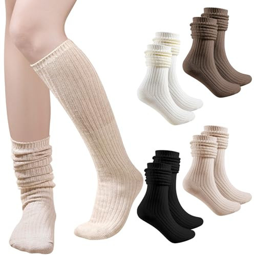 COZYOFFI Womens Slouch Long Socks: 4 Pairs Boot Socks Pairs with Sneakers - Knit Ribbed Fabric | Amazon (US)