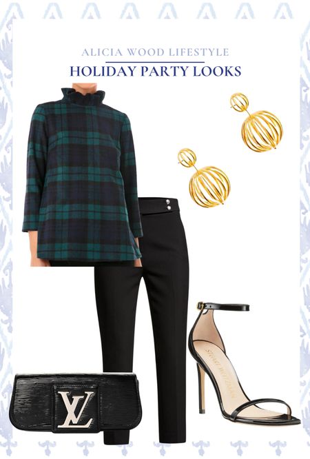 Holiday party look: plaid blouse, Veronica Beard black pants, Stuart Weitzman heels, black clutch, & gold earrings. 

#LTKitbag #LTKSeasonal #LTKHoliday