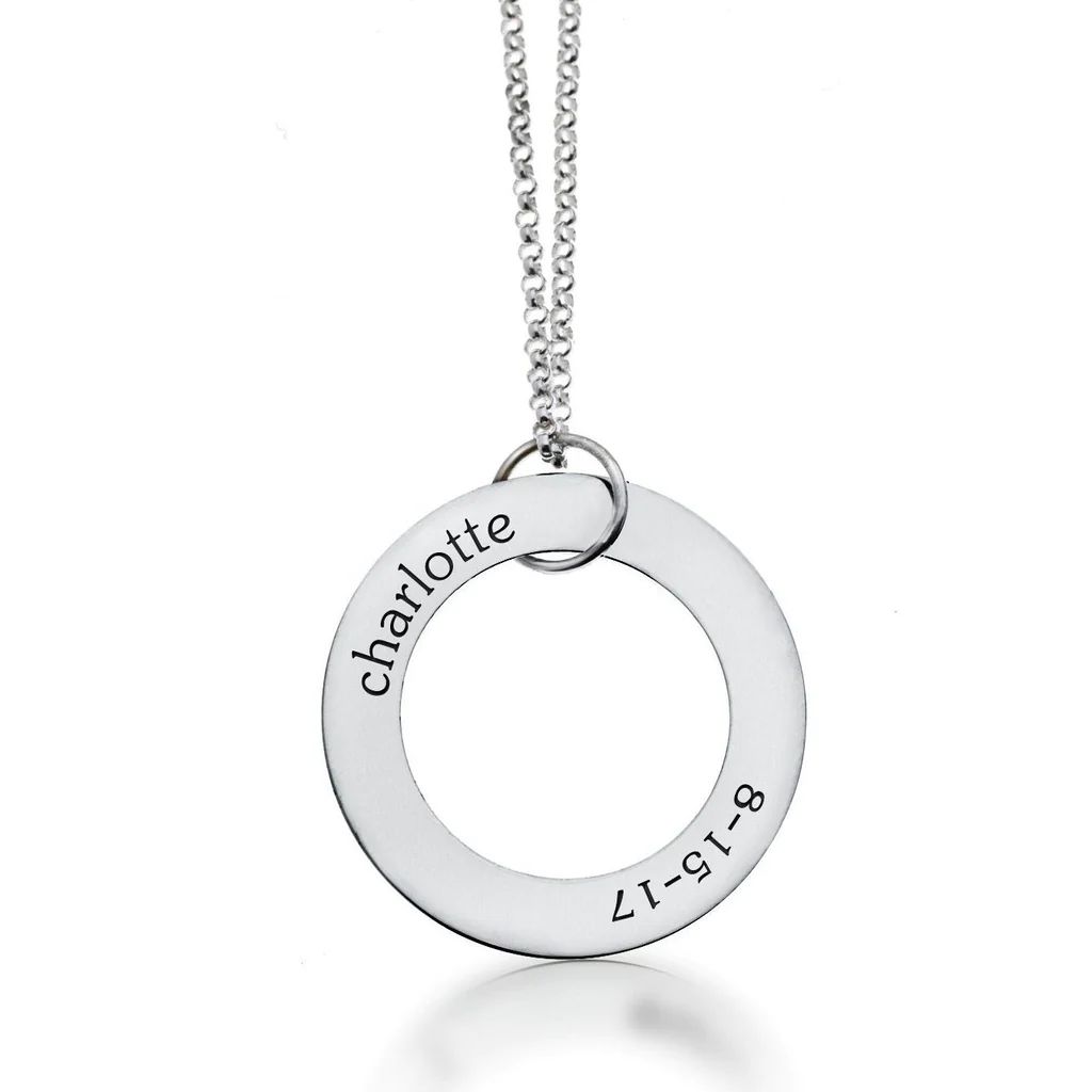 Sterling Silver Circle Pendant - Name & Birthday | Tiny Tags