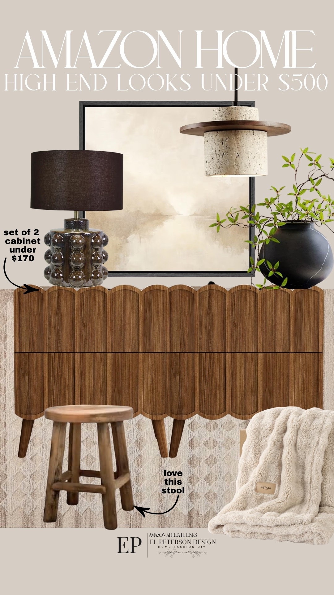 Amazon 
Accent cabinet
Artwork
Pendant light
Blanket
Rug
Stool
Table lamp
Stem

#LTKHome