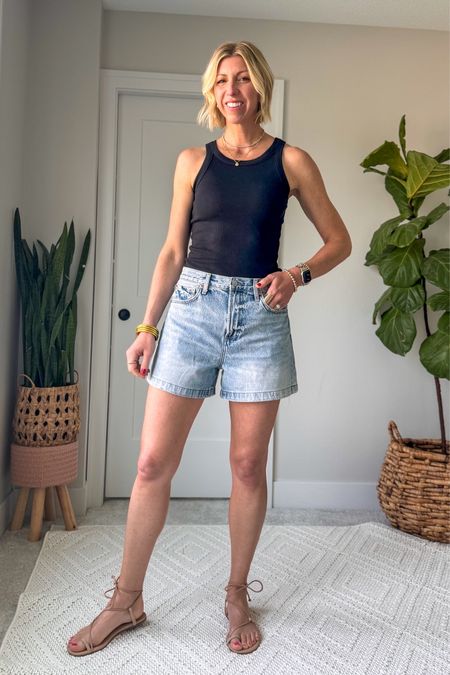 Summer time staple denim shorts + comfy cotton high neck tank 

The A-line fit of these shorts are very figure flattering 

#LTKStyleTip #LTKSeasonal #LTKOver40