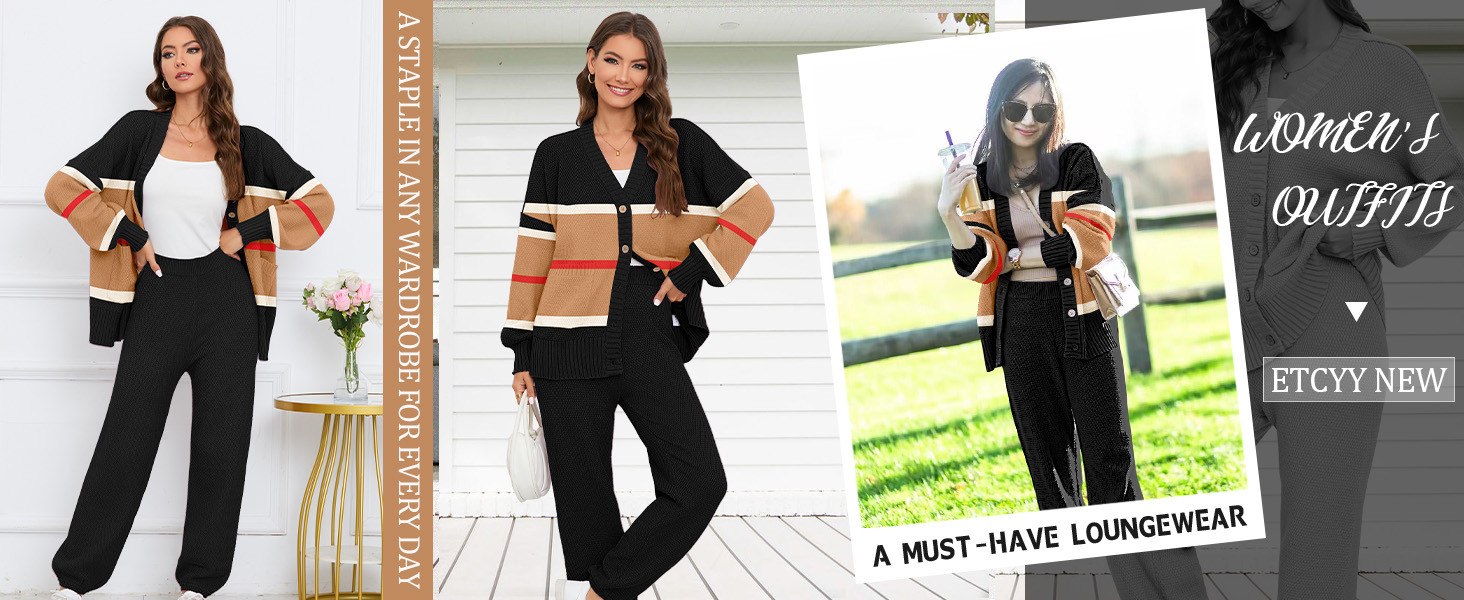 ETCYY NEW Women's 2 Piece Outfit Lounge Set Trendy Cardigan Sweater Pants Sets V Neck Button Pock... | Amazon (US)