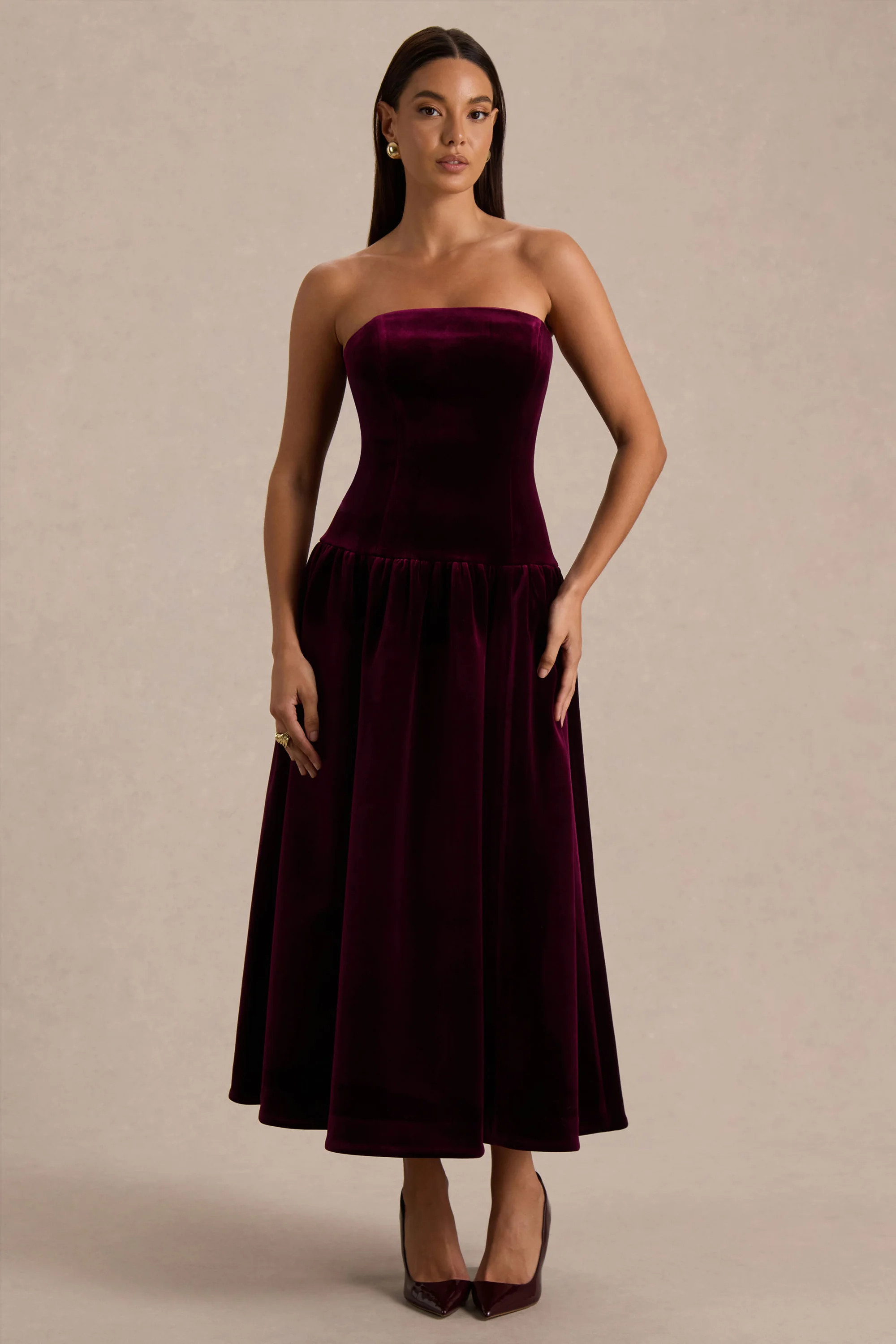 Violetta | Burgundy Velvet Bandeau Midi Dress With Drop-Waist And Gathered Skirt | Club L London