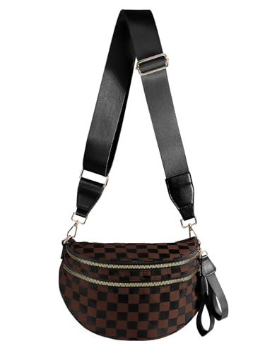 Black and White Checkered Crossbody Bag Bum Bag for Women,Spacious Checkered Purse Fanny Packs Belt Bag (Black-Brown Checkered) | Amazon (US)