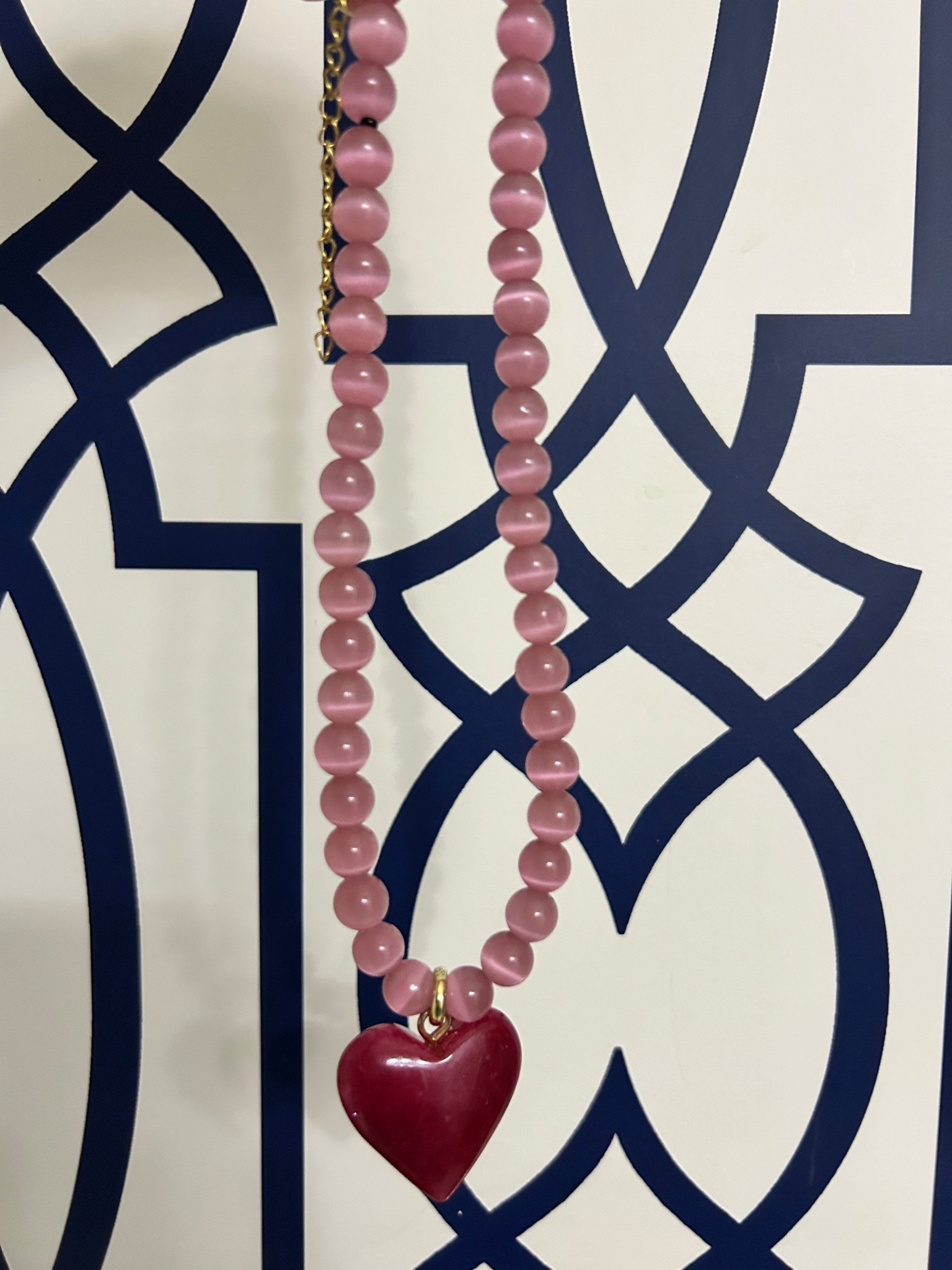 Pink necklace, heart charm, 