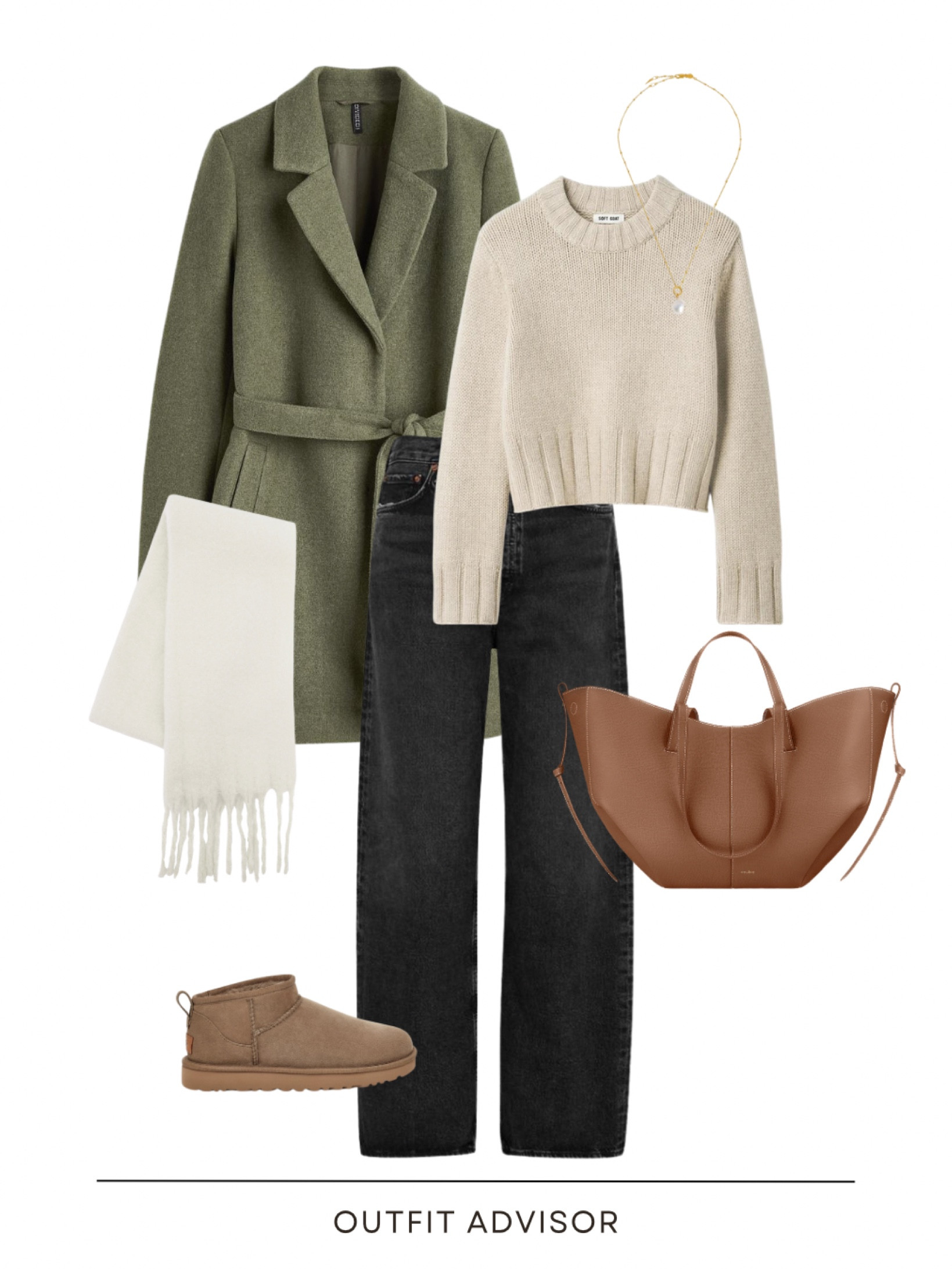 Cute winter outfit inspo: a green coat, beige knit (Soft goat), jeans, a  white chunky scarf, brown shopper bag (Polene), mini uggs and a gold pendant necklace 

#LTKstyletip #LTKmidsize #LTKeurope