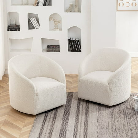32" Wide Modern Boucle Swivel Barrel Chairs Set of 2, No Assembly Round Upholstered Swivel Accent Armchairs for Living Room, Bedroom (White) | Walmart (US)