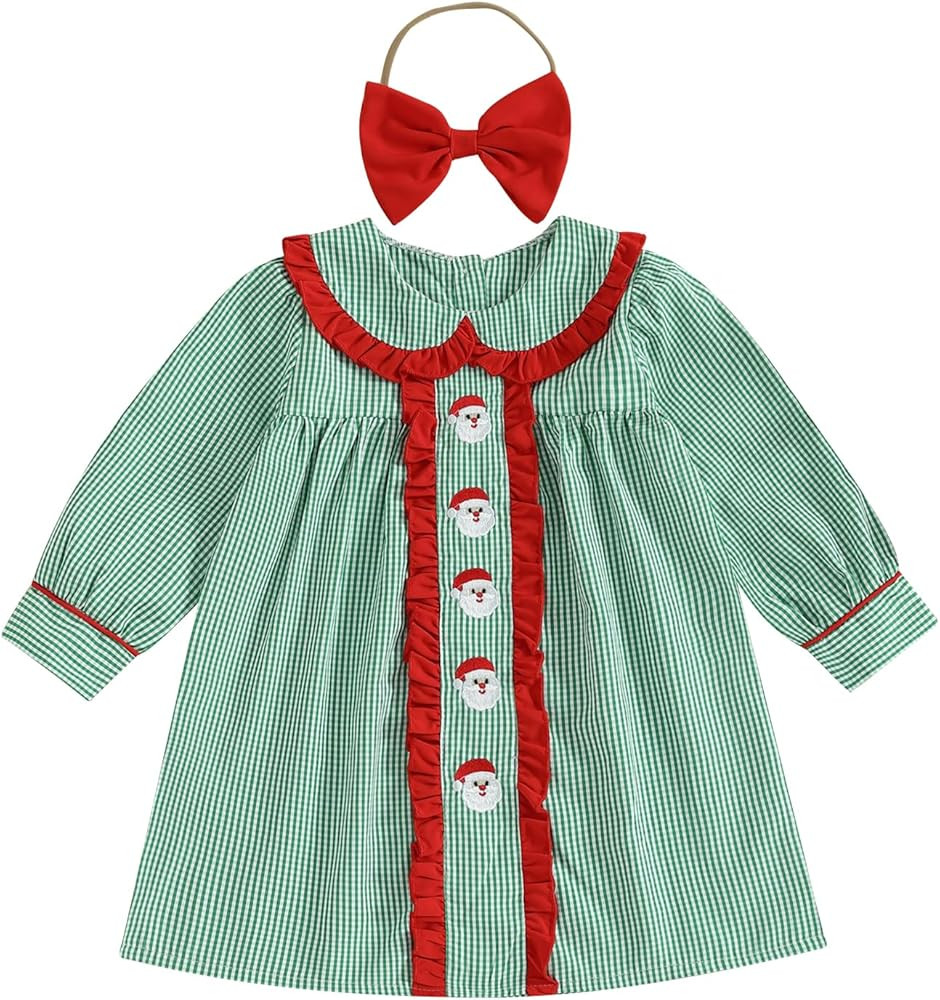 Toddler Baby Girl Christmas Outfit Doll Collar Smocked Dress Xmas Santa Claus Embroidery Dresses ... | Amazon (US)