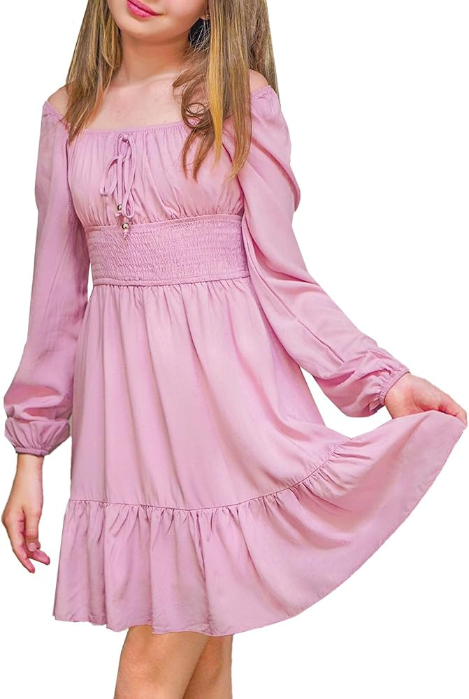 Simplee kids Girls Ruffle Tiered Smocked Puff Long Sleeve Dress White Size 4 to Size 15 | Amazon (US)