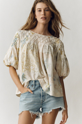 The Liza Puff-Sleeve Smocked Linen Top | Anthropologie (US)