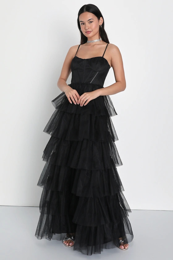 Rule the Runway Black Tulle Bustier Tiered Maxi Dress | Lulus