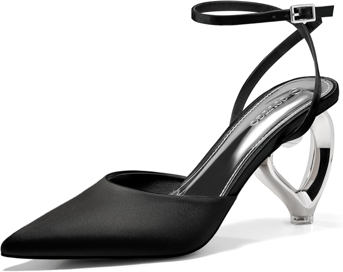 Coutgo Womens Kitten Heels Closed Pointed Toe Heart Heel Ankle Strap Satin Pumps Wedding Prom Dre... | Amazon (US)