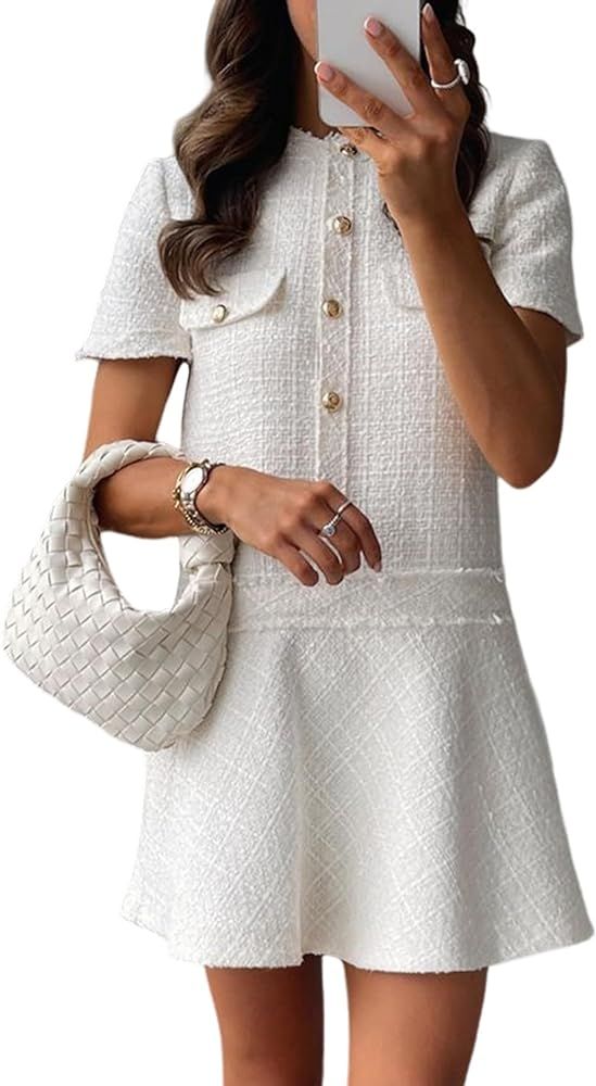 UANEO Womens Tweed Dress Summer Short Sleeve Elegant Casual Mini Structured Dresses | Amazon (US)