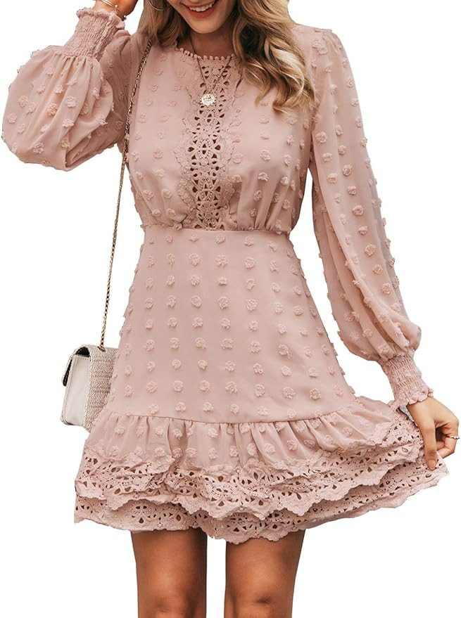 MsLure Women's Elegant Lace Chiffon Mini Dress Lantern Sleeve Ruffle Hem Party Dress | Amazon (US)