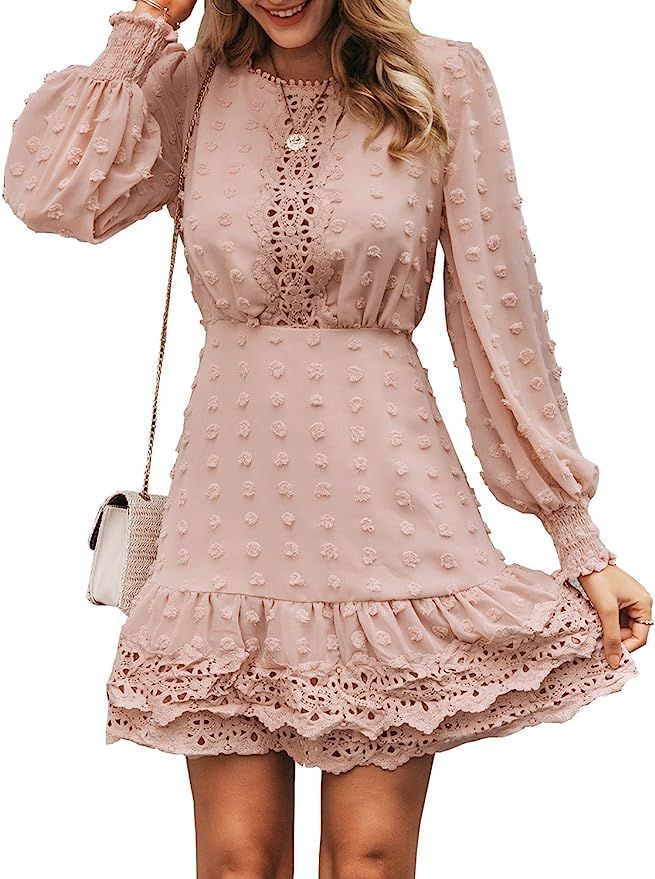 MsLure Women's Elegant Lace Chiffon Mini Dress Lantern Sleeve Ruffle Hem Party Dress | Amazon (US)